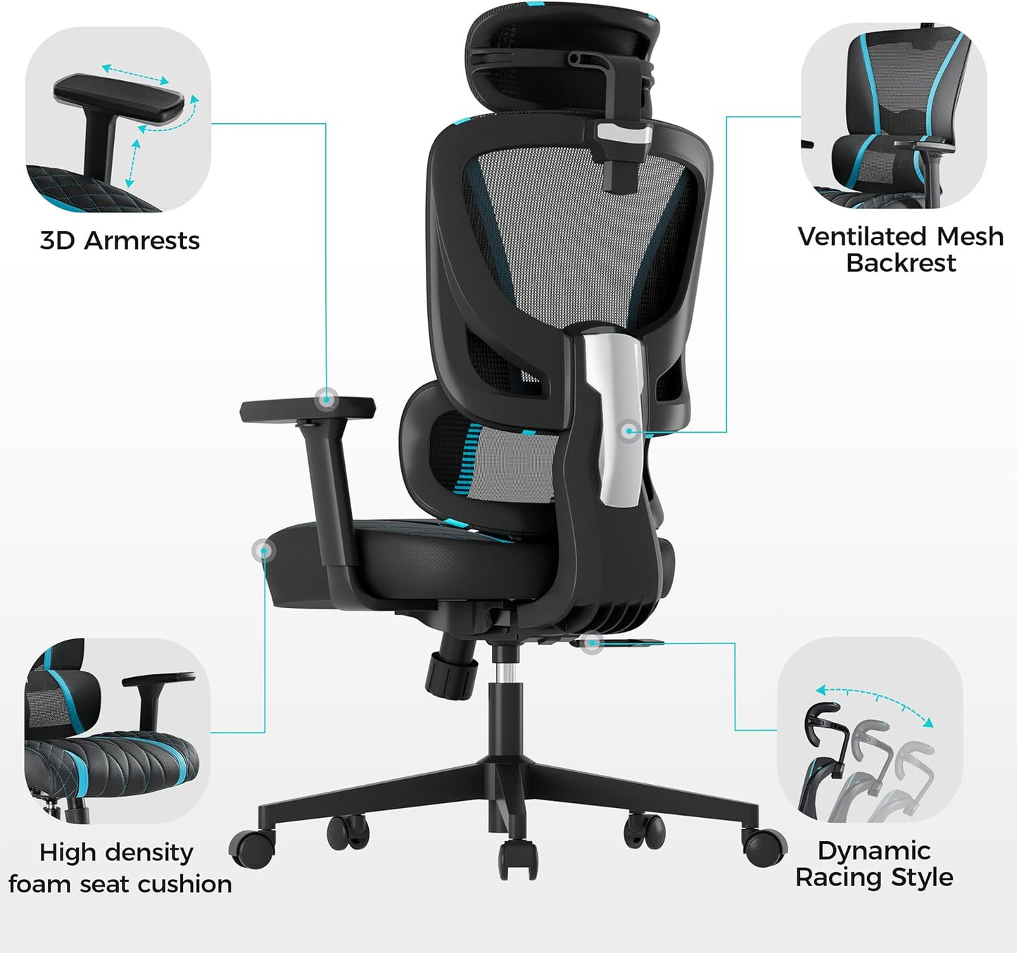 Mesh Gaming Chair Big and Tall, High Back Home Office Chair, PC Game Computer Chair, Comfy Gaming Desk Chair with Liftable Lumbar Support and Headrest (Blue)