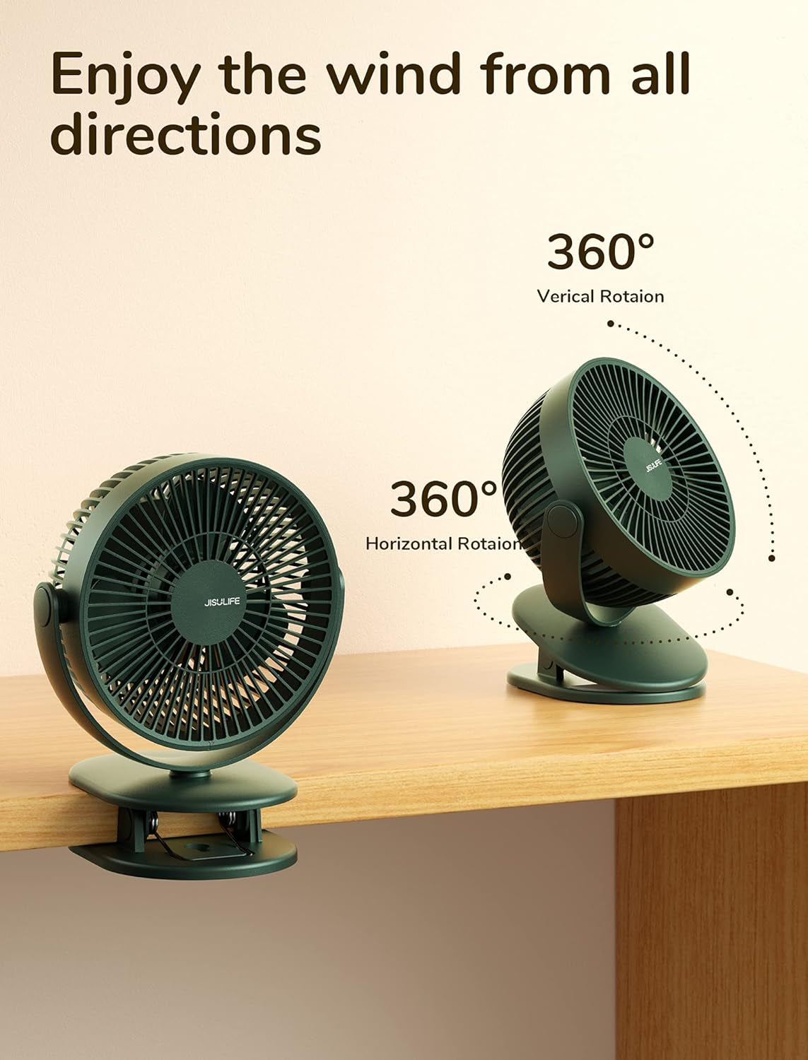 Clip on Baby Stroller Fan, 4000Mah Battery Operated Fan, Portable Personal Small Fan, Quiet & Narrow Slot Design, 4 Speeds, Max 14 Hrs, Ideal for Bed, Desk, Car Seat - Dark Green