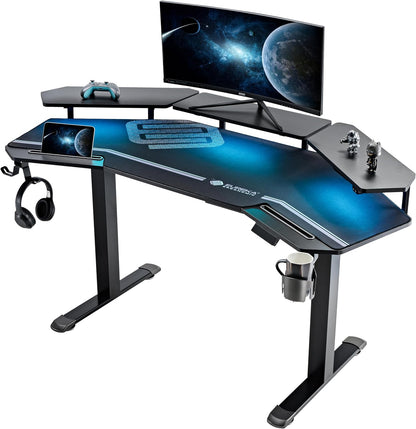 Standing Desk Electric Adjustable Height Desk, Computer Desk with Keyboard Tray 72" Gaming Desk Music Studio Desk Sit Stand up Desk LED Convertible Shelf,Dual Motor,Slot Design,Walnut