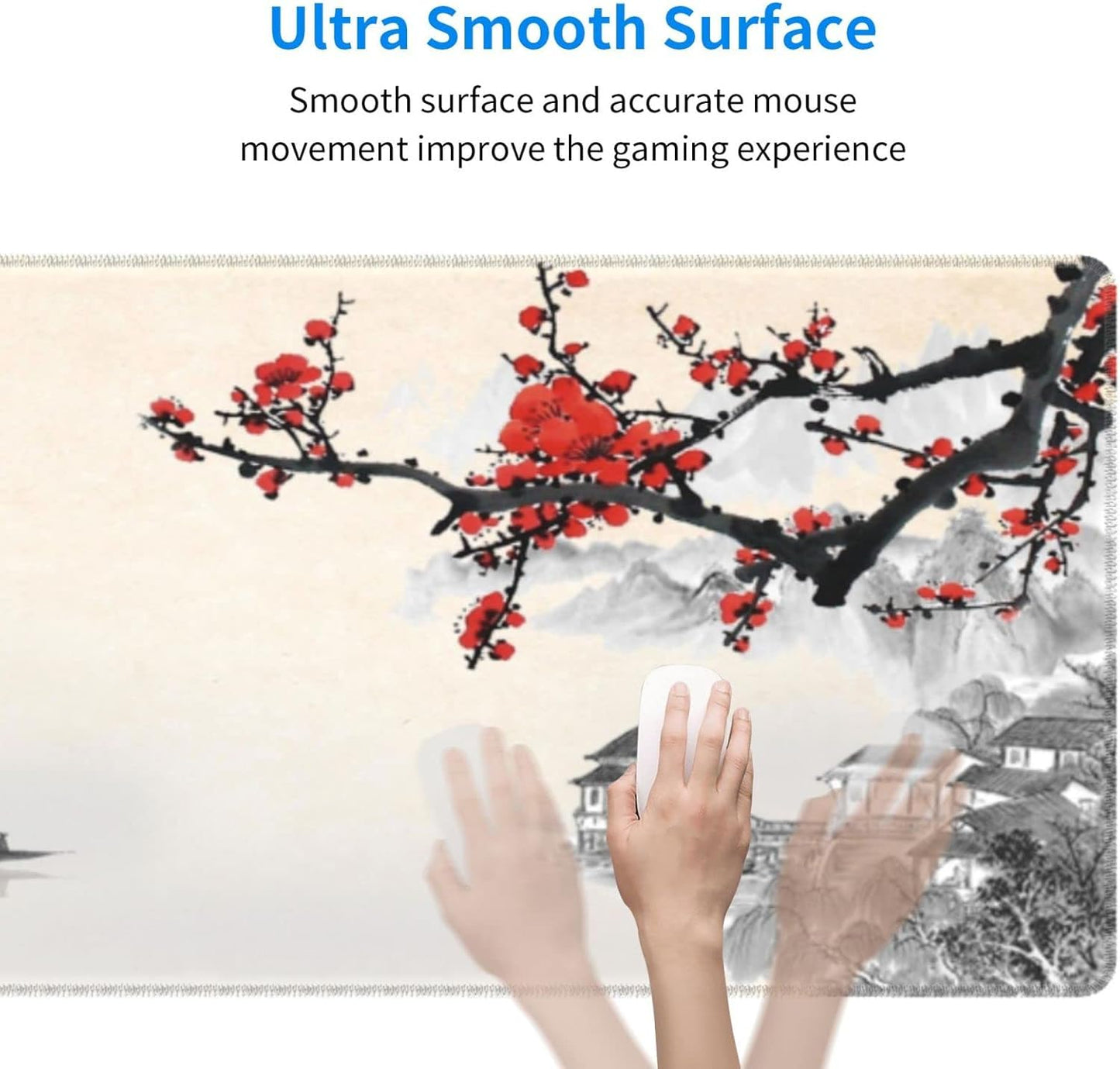 Japanese Cherry Blossom Gaming Mouse Pad, Extended Large Mouse Mat Desk Pad, Stitched Edges Mousepad, 3Mm Thick Long Non-Slip Rubber Base Mice Pad, 31.5 X 11.8 Inch