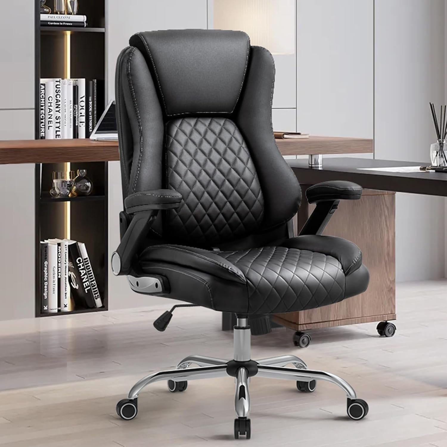 Executive Office Chairs Comfortable Ergonomic Desk Chair with Flip-Up Armrests - Adjustable Headrest, Tilt and Lumbar Support - Black Bonded Leather