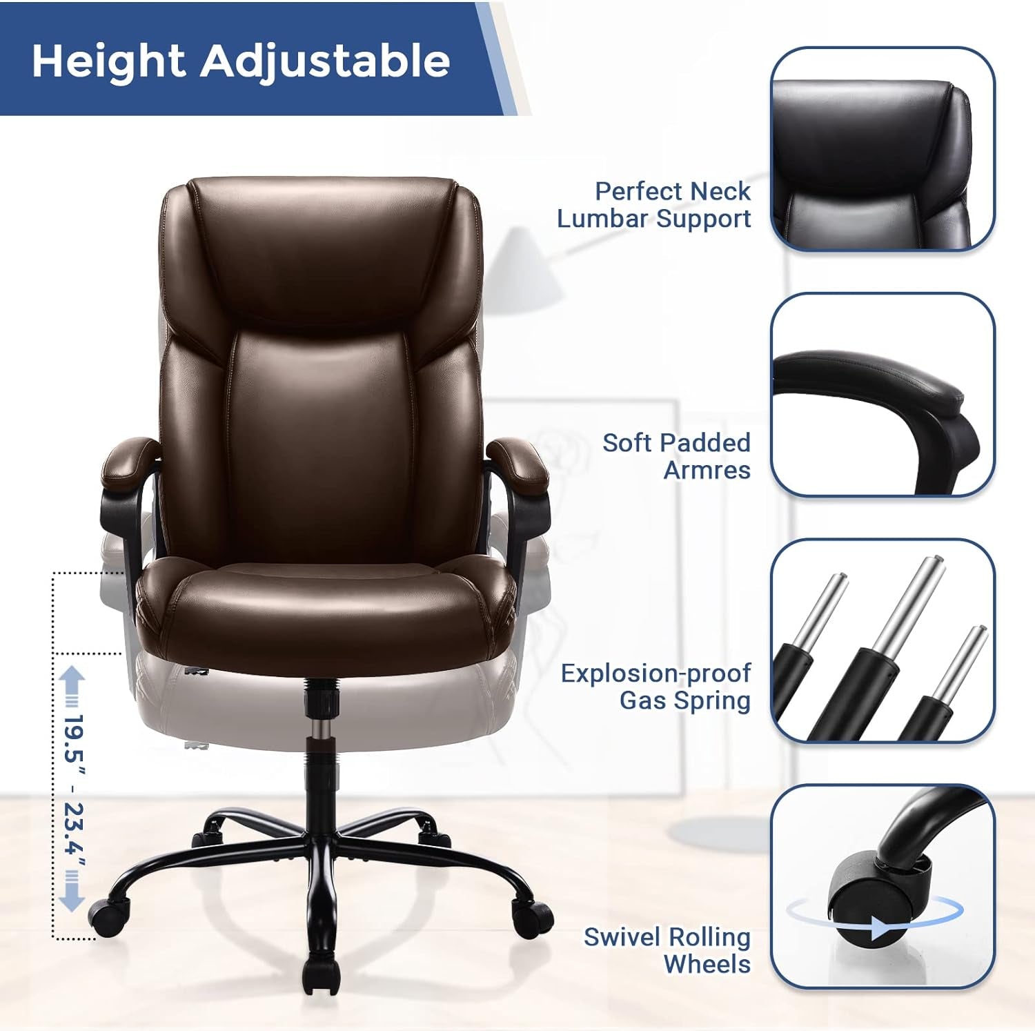 Home Office Executive Desk High Back Computer Adjustable Height and Swivel Task Lumbar Head Support Chair, Leather Black