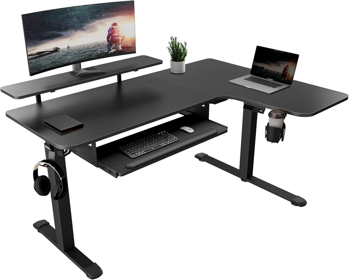 Standing Desk with Keyboard Tray, Computer Desk, 61" L Shaped Electric Adjustable Height Desk W Monitor Stand LED, Corner Sit Stand Desk Gaming Desk, Dual Motor,Left/Rustic Brown