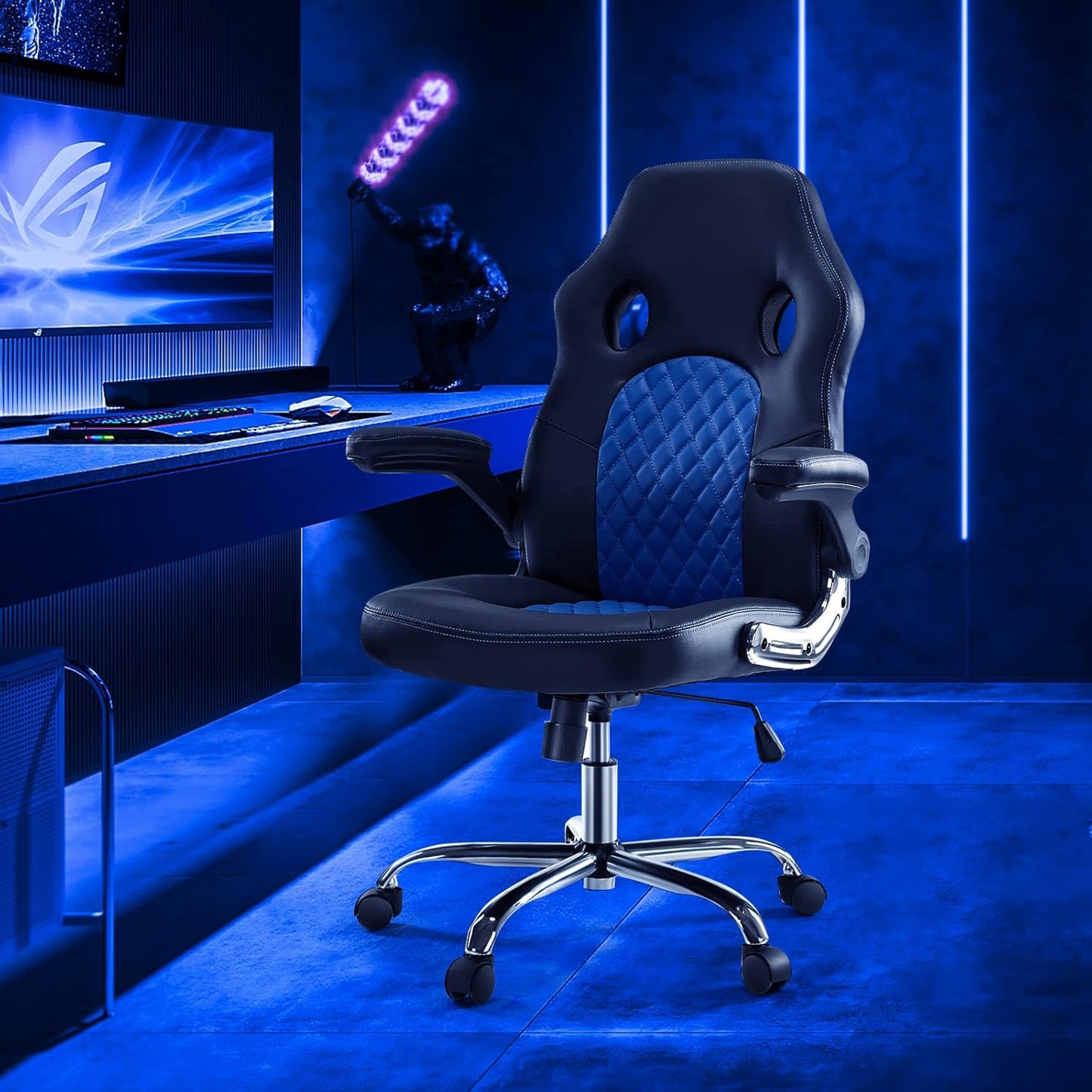 Gaming Ergonomic Office Desk Flip-Up Armrests and Lumbar Support PU Leather Executive Mid Back Computer Chair for Adults, Blue