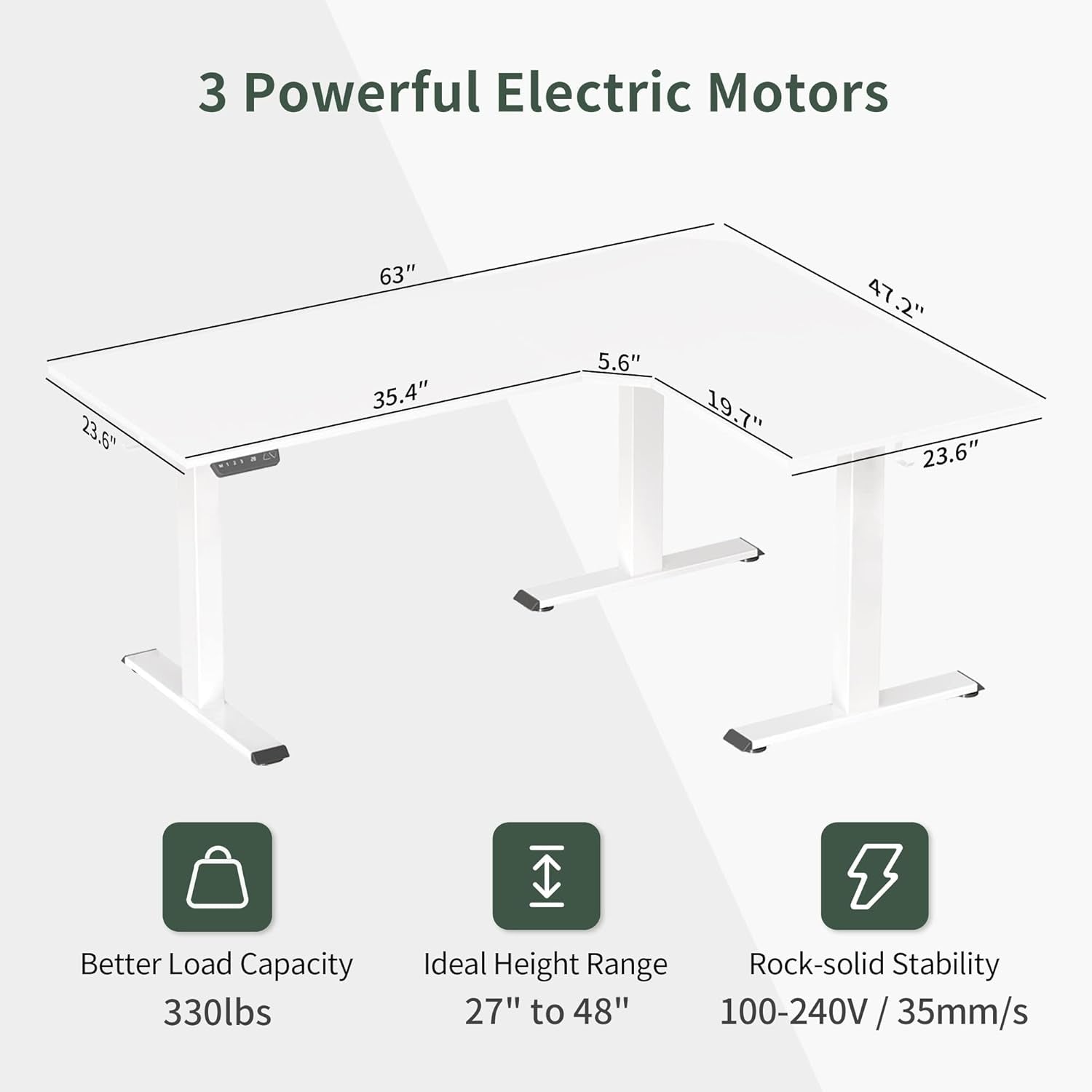 Triple Motor L-Shaped Electric Standing Desk, 63 Inches Height Adjustable Stand up Corner Desk, Sit Stand Workstation with Splice Board, White Frame/White Top