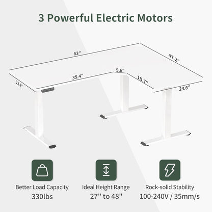 Triple Motor L-Shaped Electric Standing Desk, 63 Inches Height Adjustable Stand up Corner Desk, Sit Stand Workstation with Splice Board, White Frame/White Top