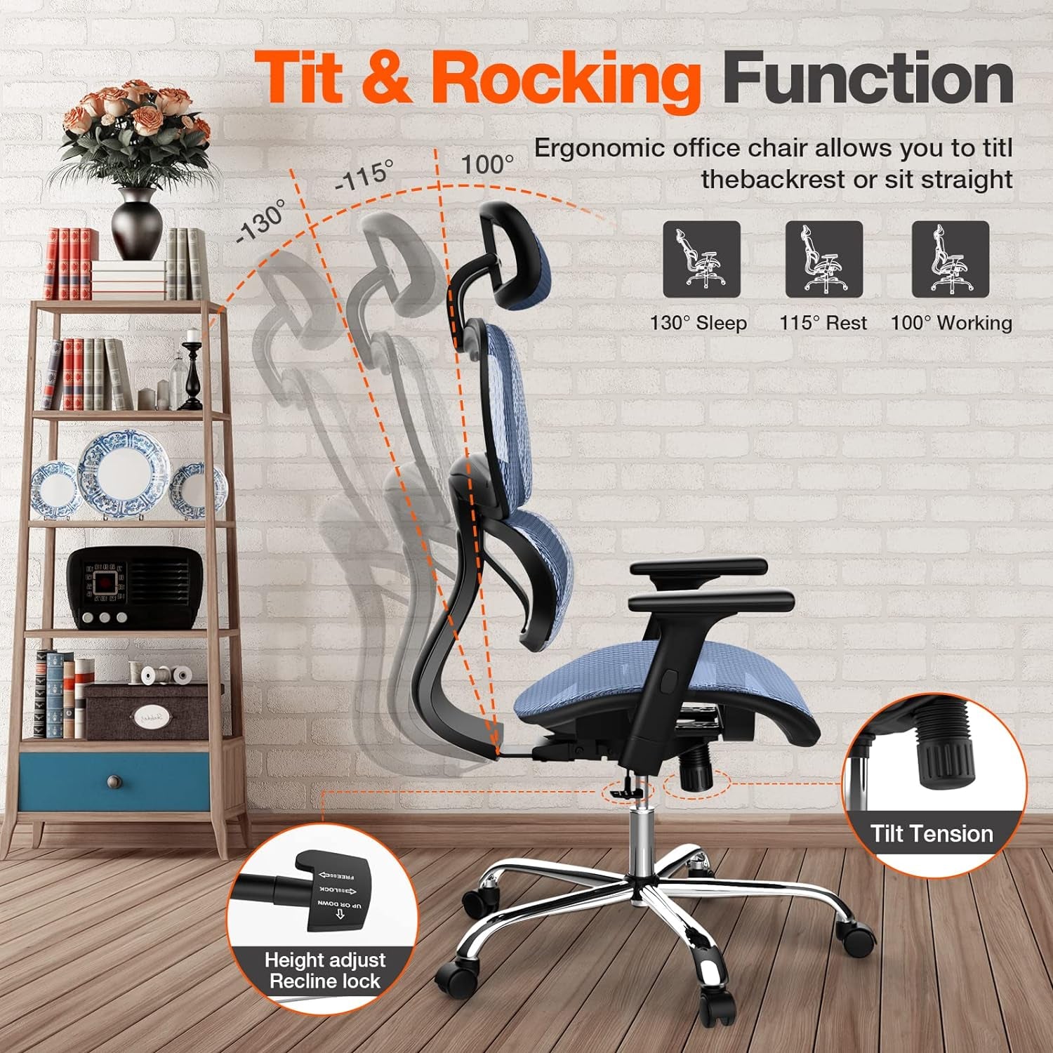 Office Chair, Ergonomic Office Chair, High Back Home Office Desk Chairs with Adjustable Headrest Armrests, Breathable Mesh Office Chair with Lumbar Support and Tilt Function, Blue