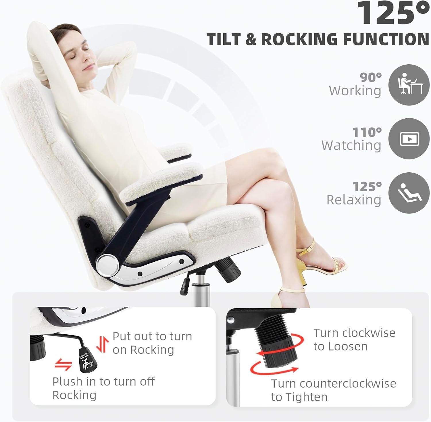 SAETZONE White Office Chair with Adjustable Tilt Angle and Arms, Comfortable Executive Desk Chair High Back Big Computer Chair with Thick Padding for Girl and Women