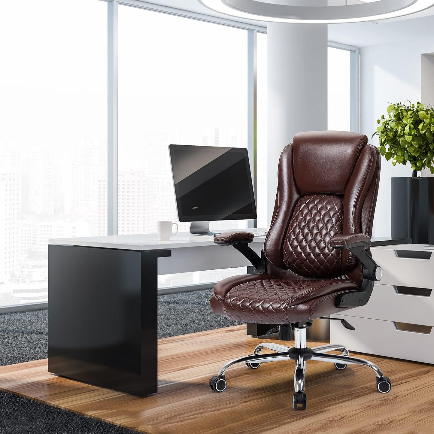 Executive Office Chairs Comfortable Ergonomic Desk Chair with Flip-Up Armrests - Adjustable Headrest, Tilt and Lumbar Support - Black Bonded Leather,Brown