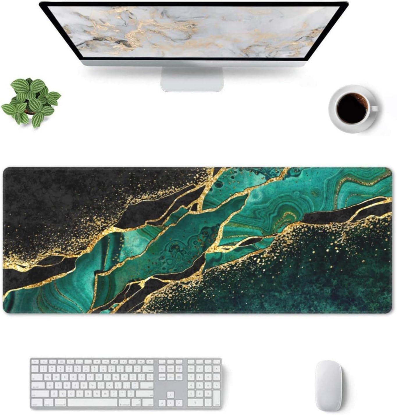 Extended Large Mouse Pad, XL Gaming Mousepad 31.5 X 11.8 Inch, Big Computer Keyboard Desk Pad, Waterproof Mouse Mat with Stitched Edges and 3Mm Thick Long Non-Slip Base for Office Gaming, Green Marble