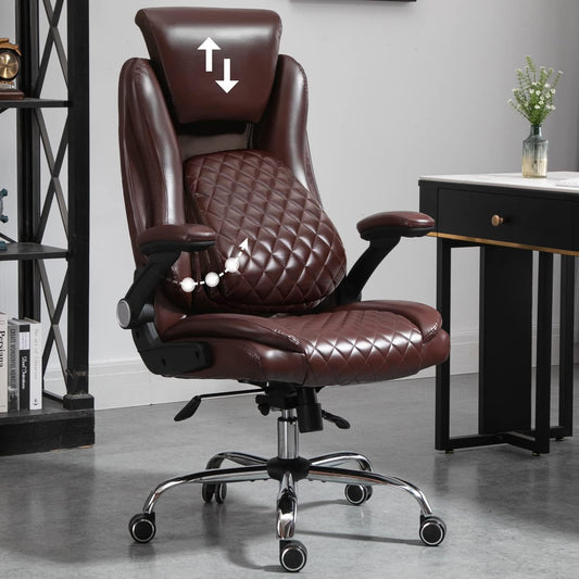 Executive Office Chairs Comfortable Ergonomic Desk Chair with Flip-Up Armrests - Adjustable Headrest, Tilt and Lumbar Support - Black Bonded Leather,Brown