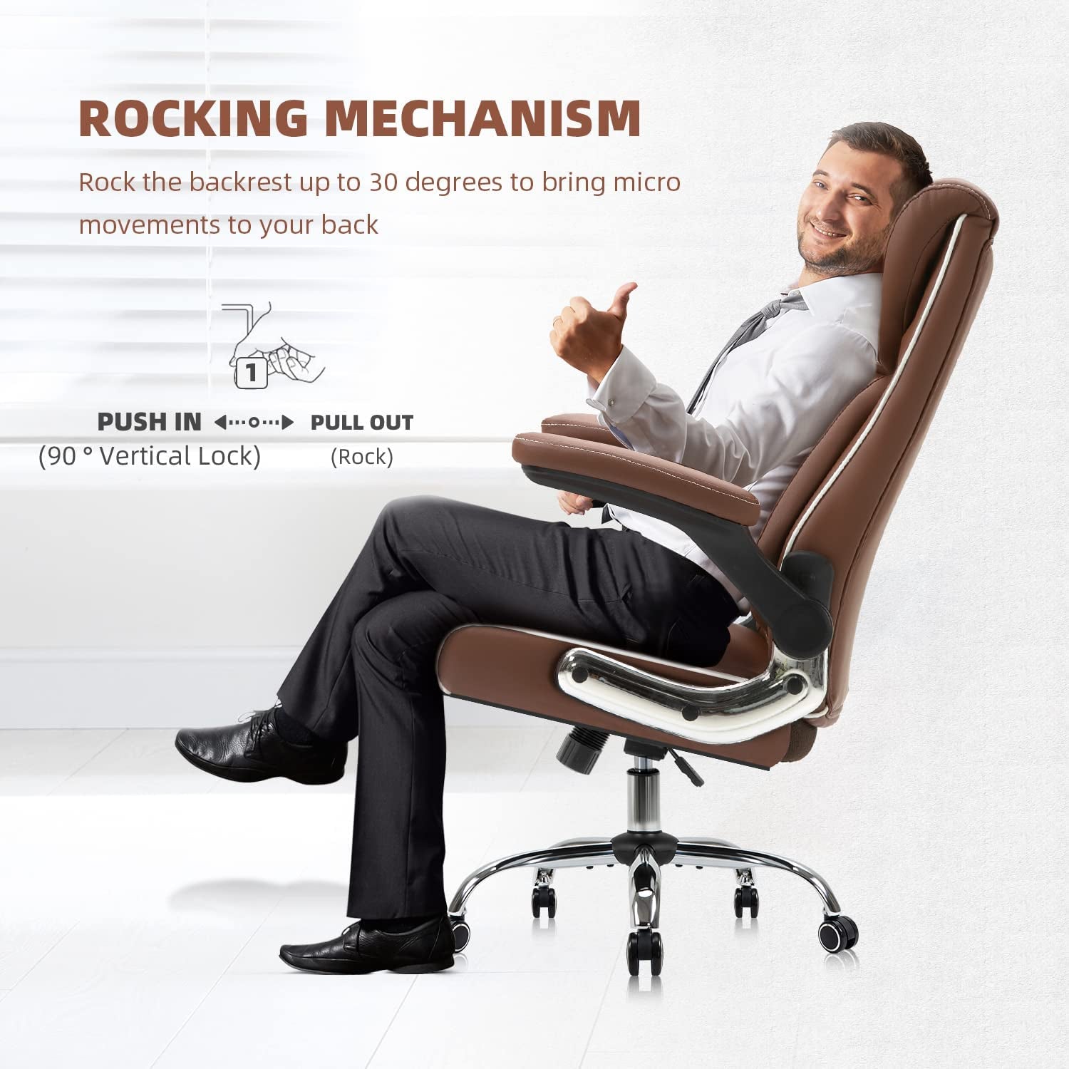 Ergonomic Office Chair High Back Comfortable Desk Chairs with Wheels and Flip-Up Arms Leather Computer Lumbar Support,Brown… 20.5D X 19.5W X 45.3H In