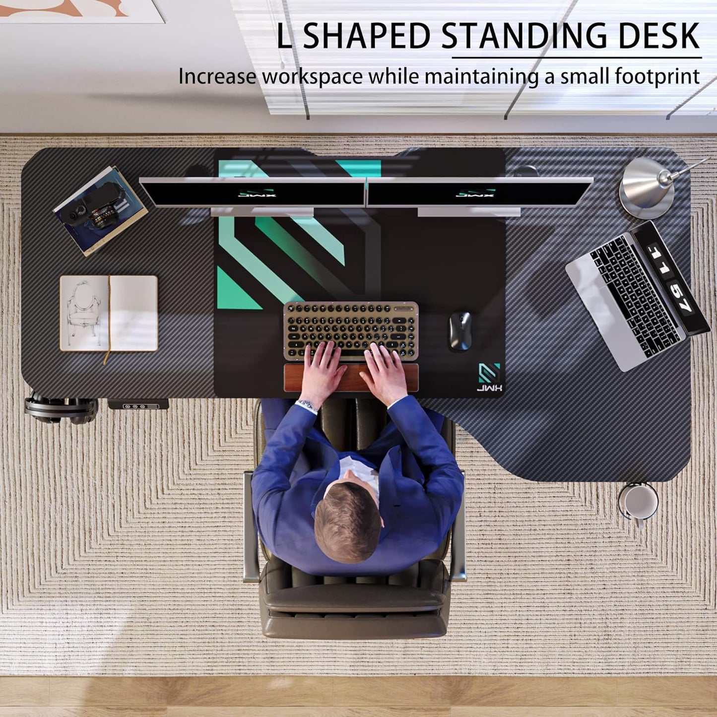 Standing Adjustable Desk, 63 Inches L Shaped Electric Standing Gaming Desk with Locking Wheels, Cup Holder, Headphone Hook, Cable Manager, Mouse Pad, Carbon Fiber Textured Pane