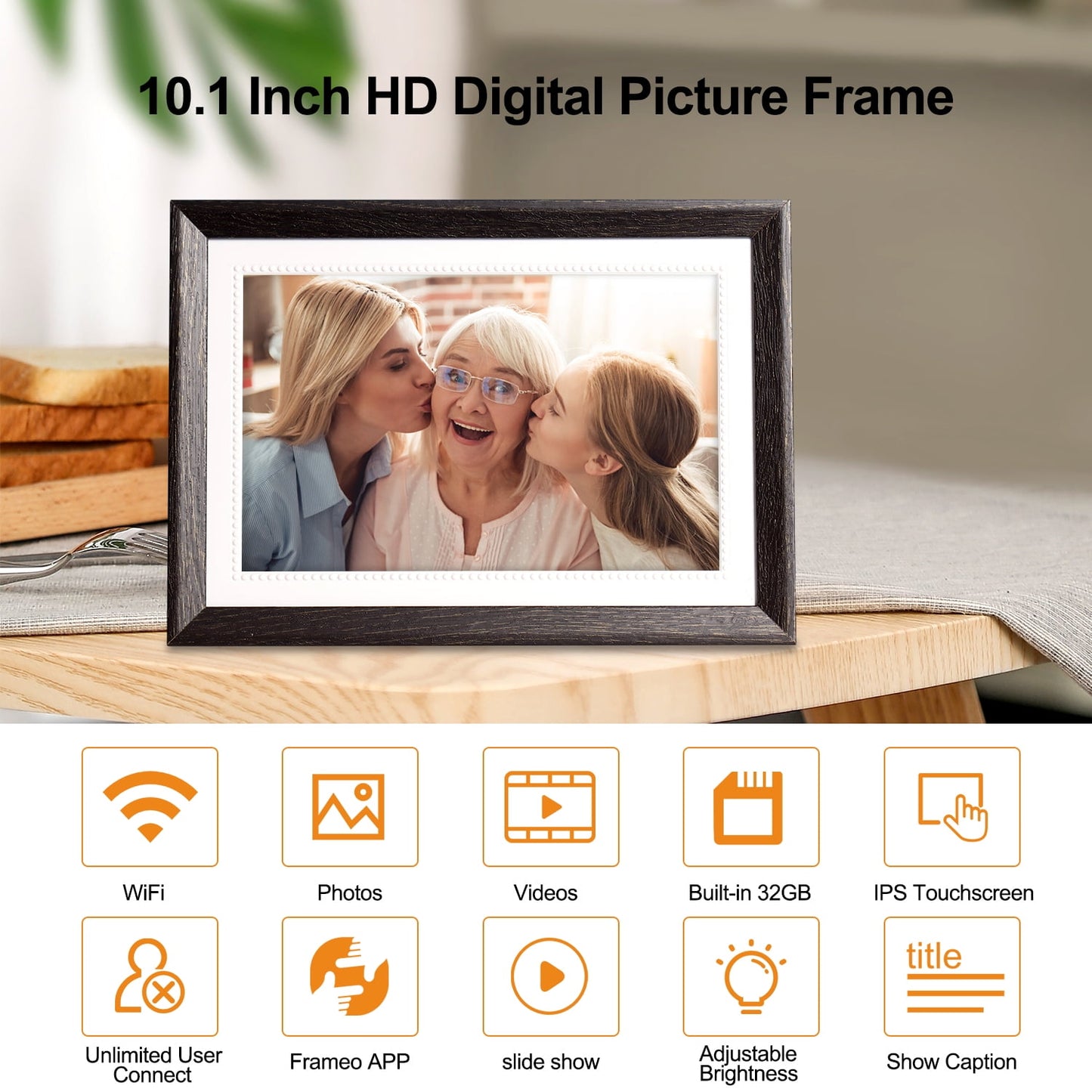 Frameo 10.1" Digital Picture Frame with 32GB Storage, 1280X800 FHD IPS Touch Screen Digital Photo Frames Sd(Tf) Card, Easy Setup to Share Photo Video via Free APP