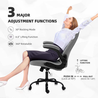 High Back Computer Office Desk Chair with Flip up Arms and Wheels Leather Swivel Comfy Modern Chair for Teens Adults, Gray