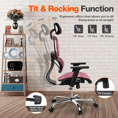 S-1388-Rd Ergonomic, High Back Desk Adjustable Headrest Armrests, Breathable Mesh Chair with Lumbar Support and Tilt Function Gaming Home Office, Red