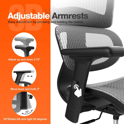 Office Chair, Ergonomic Office Chair, High Back Home Office Desk Chairs with Adjustable Headrest Armrests, Breathable Mesh Office Chair with Lumbar Support and Tilt Function, Black