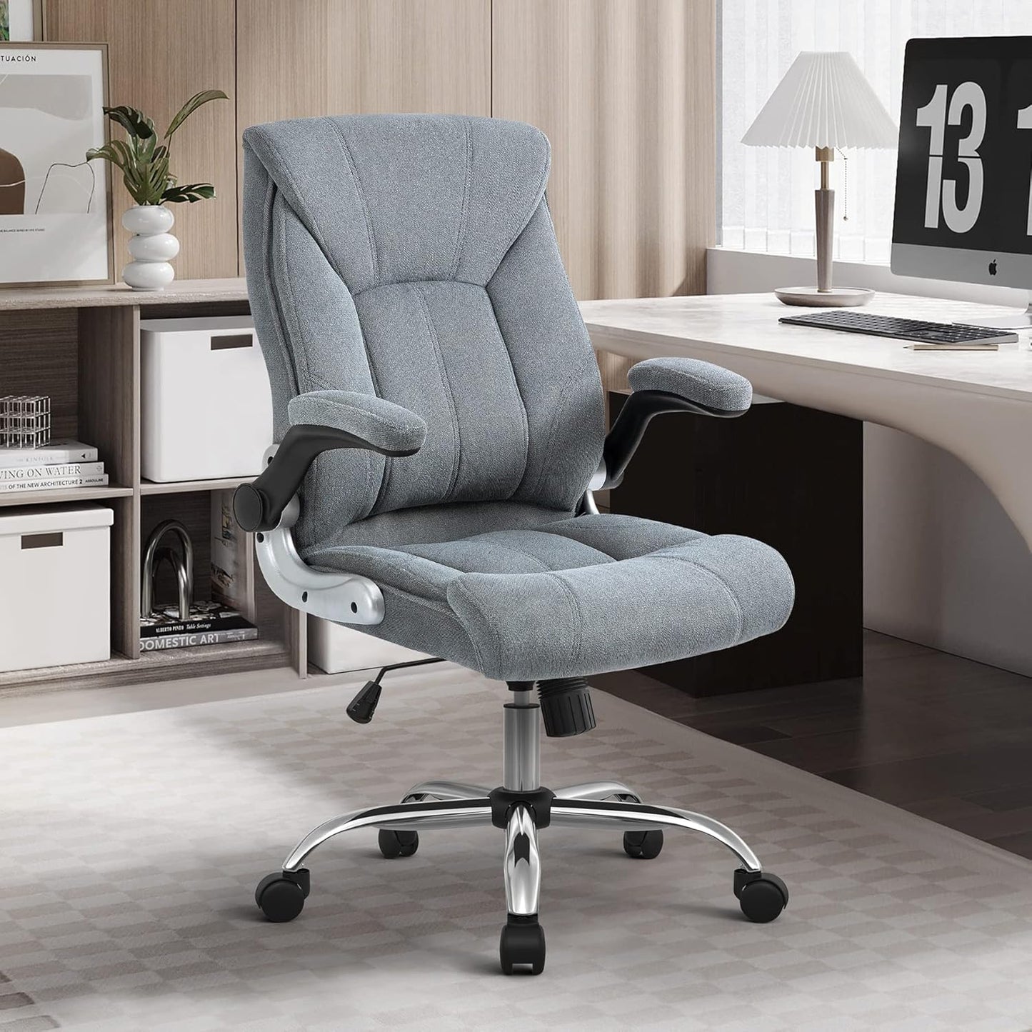 Executive Office Chair,Ergonomic Chair with Flip up Arms Lumbar Support and Wheels,Comfortable Computer Desk Chair Swivel Task Chair, Gray