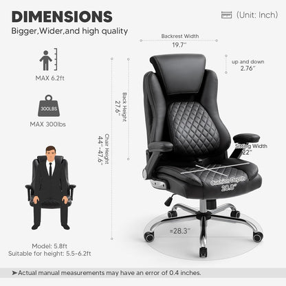 Executive Office Chairs Comfortable Ergonomic Desk Chair with Flip-Up Armrests - Adjustable Headrest, Tilt and Lumbar Support - Black Bonded Leather