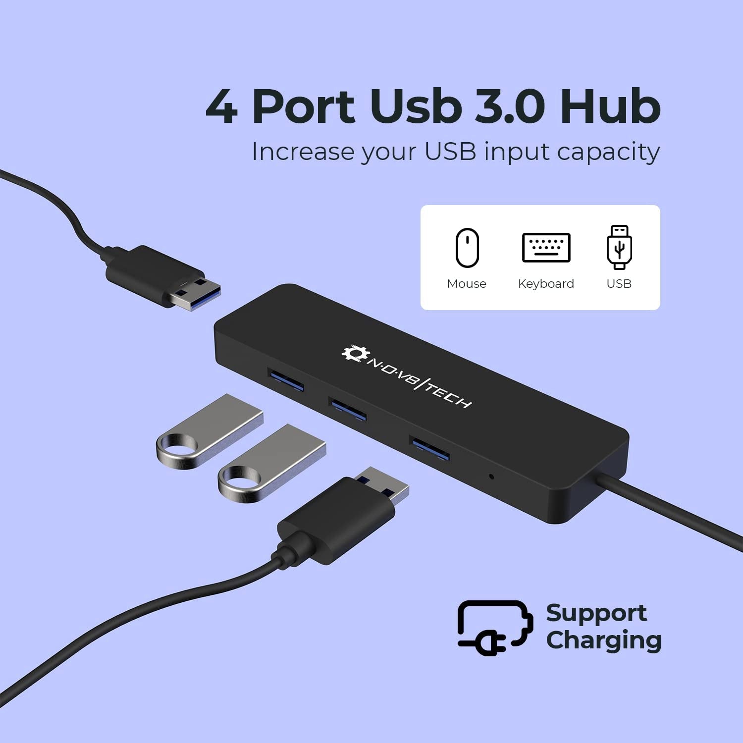 4 Port USB 3.0 Hub with 2Ft Extended Cable - Compatible with PC, Laptops, Macbook Pro & Air M1 M2 2016-2023 - Ideal USB Splitter for Laptop for High-Speed Data Transfer up to 5Gbps