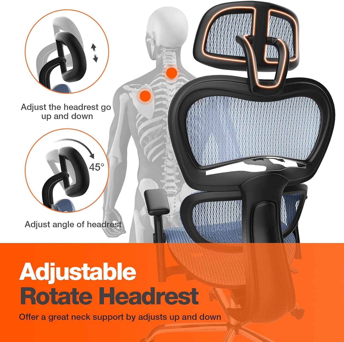 Office Chair, Ergonomic Office Chair, High Back Home Office Desk Chairs with Adjustable Headrest Armrests, Breathable Mesh Office Chair with Lumbar Support and Tilt Function, Blue