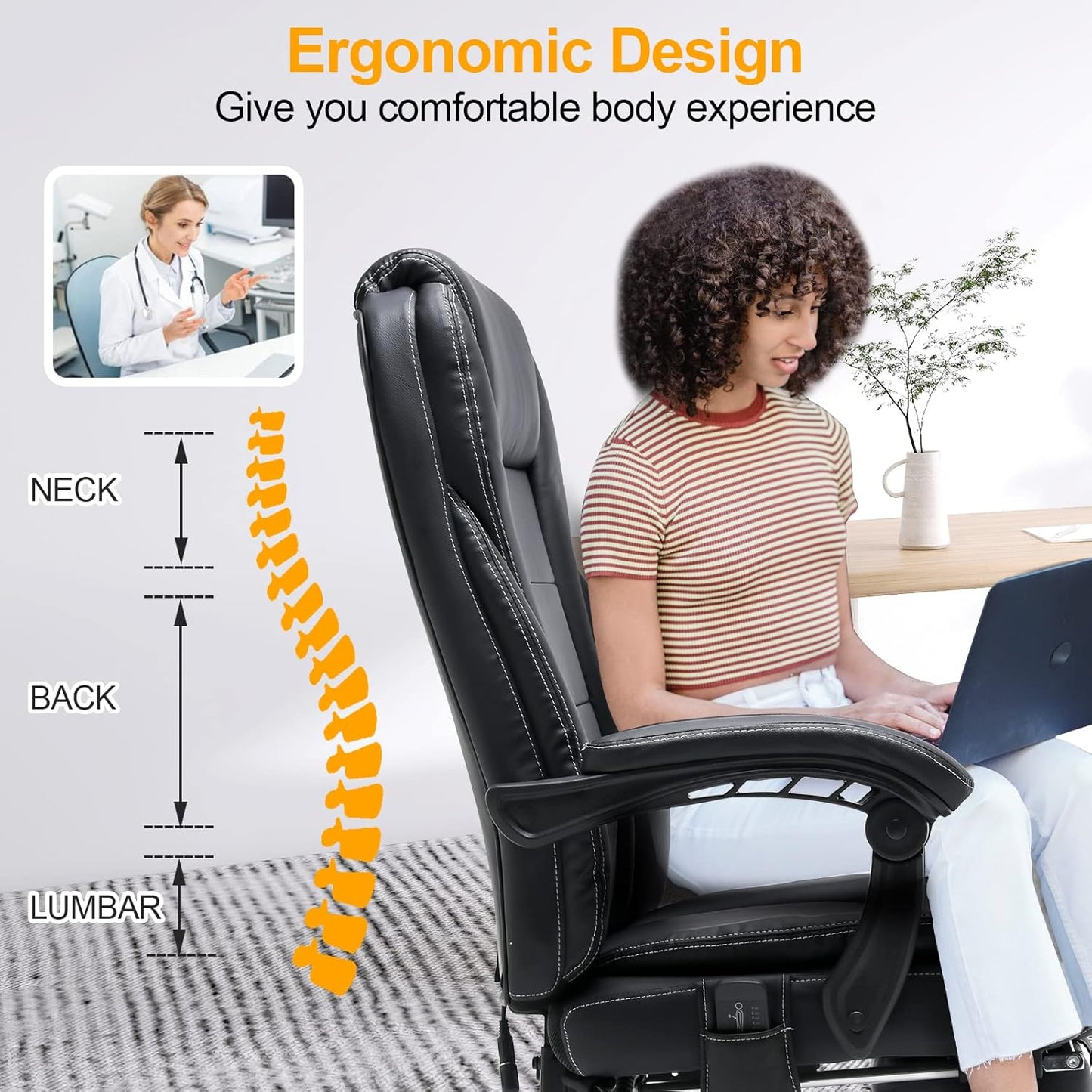 Executive Office Chair, Ergonomic High Back Cushion Lumbar Back Support, Computer Desk Chair, Reclining Office Chair W/Foot Rest and Massage for Domitory