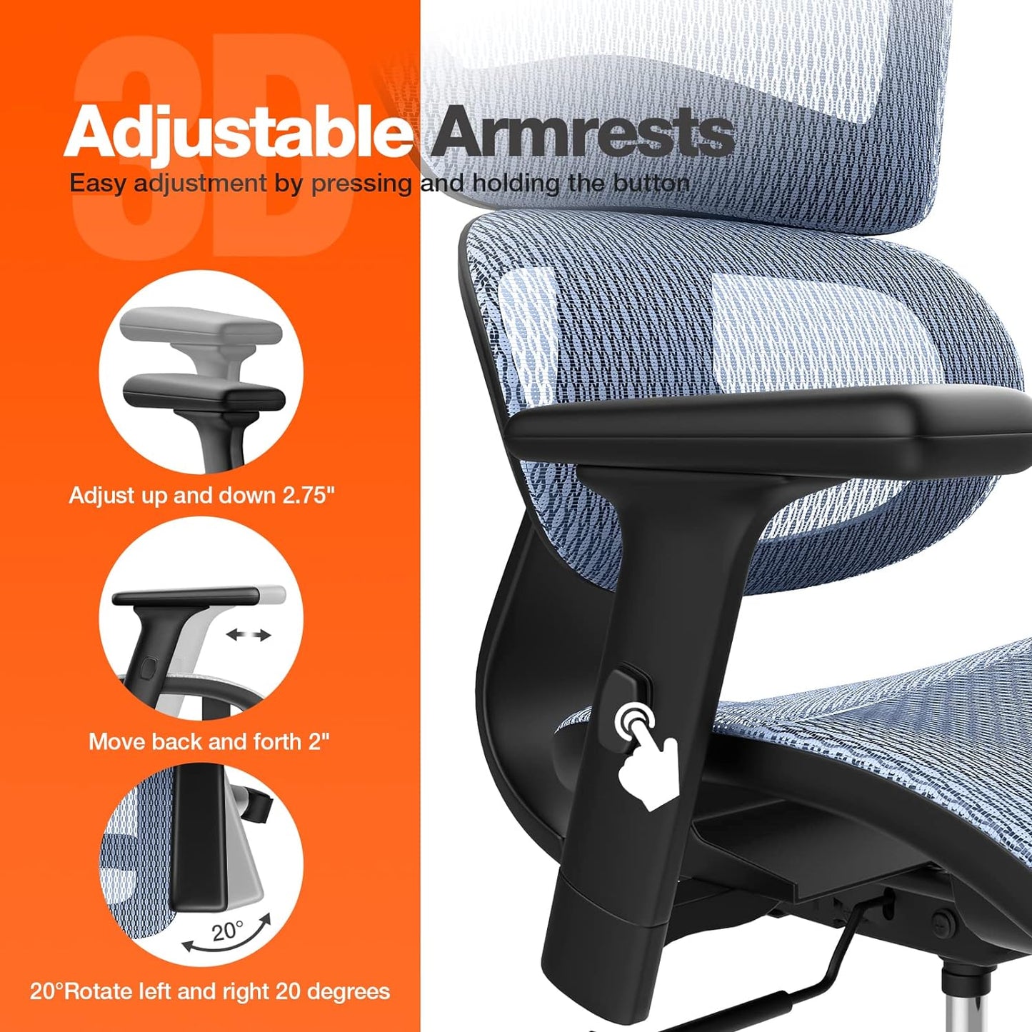 Office Chair, Ergonomic Office Chair, High Back Home Office Desk Chairs with Adjustable Headrest Armrests, Breathable Mesh Office Chair with Lumbar Support and Tilt Function, Blue