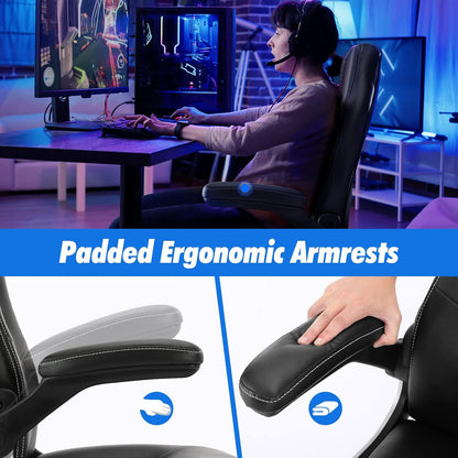 Gaming Ergonomic Office Desk Flip-Up Armrests and Lumbar Support PU Leather Executive Mid Back Computer Chair for Adults, Blue