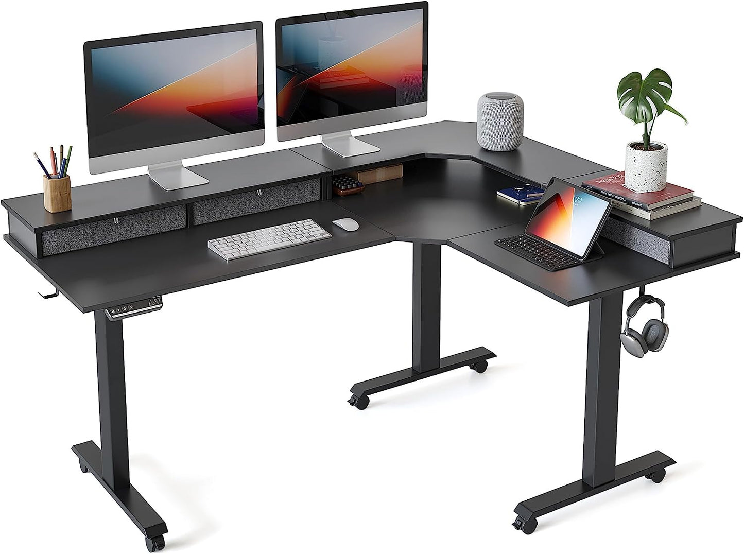 Triple Motor 63" L Shaped Standing Desk with 3 Drawers, Electric Standing Gaming Desk Adjustable Height, Corner Stand up Desk with Splice Board, Black Frame/Black Top