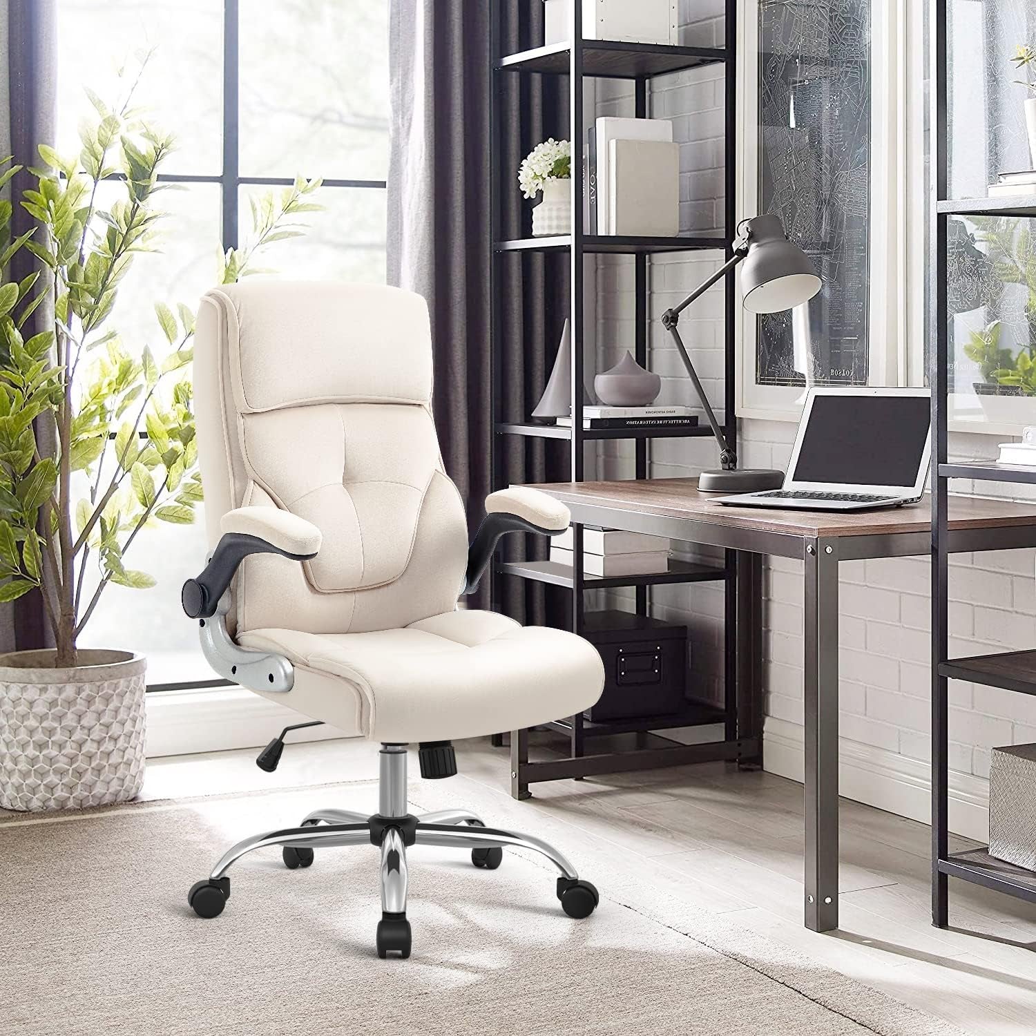 Ergonomic Executive Office Chair with Lumbar Support,Velvet Fabric Home Office Desk Chairs with Wheels, High Back Computer Chairs,Beige