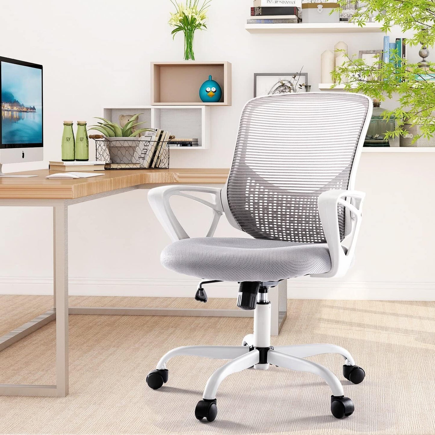 Ergonomic Home Desk Adjustable Armless Computer Lumbar Support, Small Mesh Task Chair with Backrest Swivel Rolling for Study, Office, Conference Room, 17.71D X 18.89W X 39.1H In, Grey