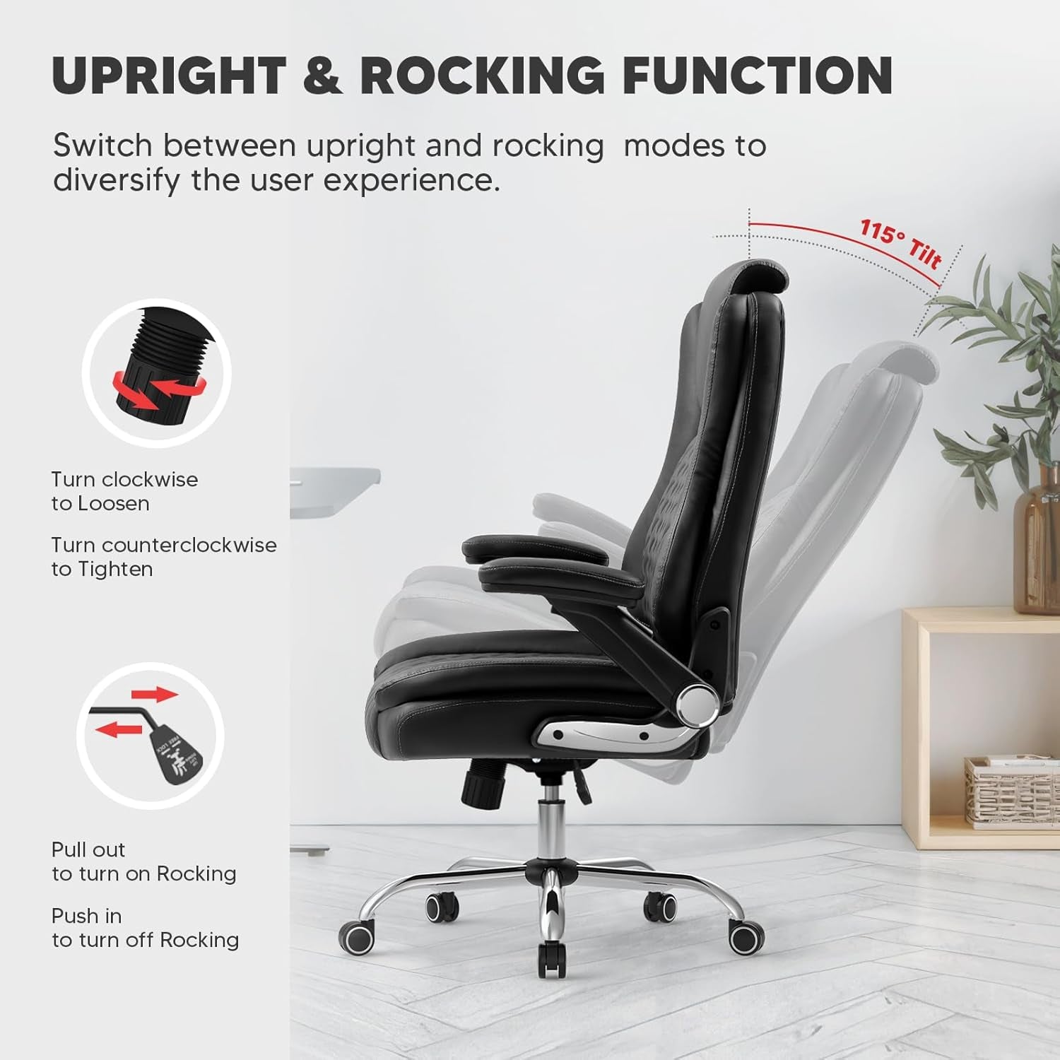 Executive Office Chairs Comfortable Ergonomic Desk Chair with Flip-Up Armrests - Adjustable Headrest, Tilt and Lumbar Support - Black Bonded Leather