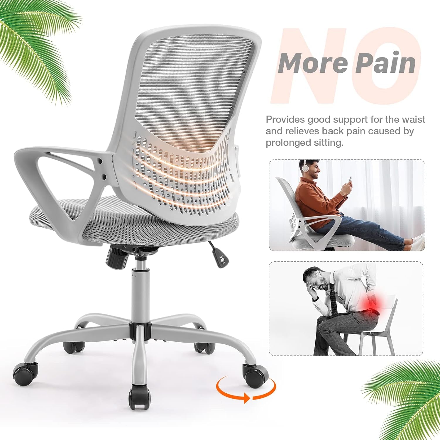 Ergonomic Home Desk Adjustable Armless Computer Lumbar Support, Small Mesh Task Chair with Backrest Swivel Rolling for Study, Office, Conference Room, 17.71D X 18.89W X 39.1H In, Grey