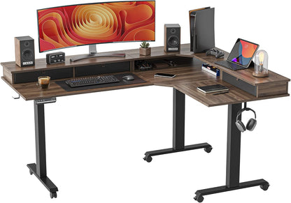 Triple Motor 63" L Shaped Standing Desk with 3 Drawers, Electric Standing Gaming Desk Adjustable Height, Corner Stand up Desk with Splice Board, Black Frame/Black Top