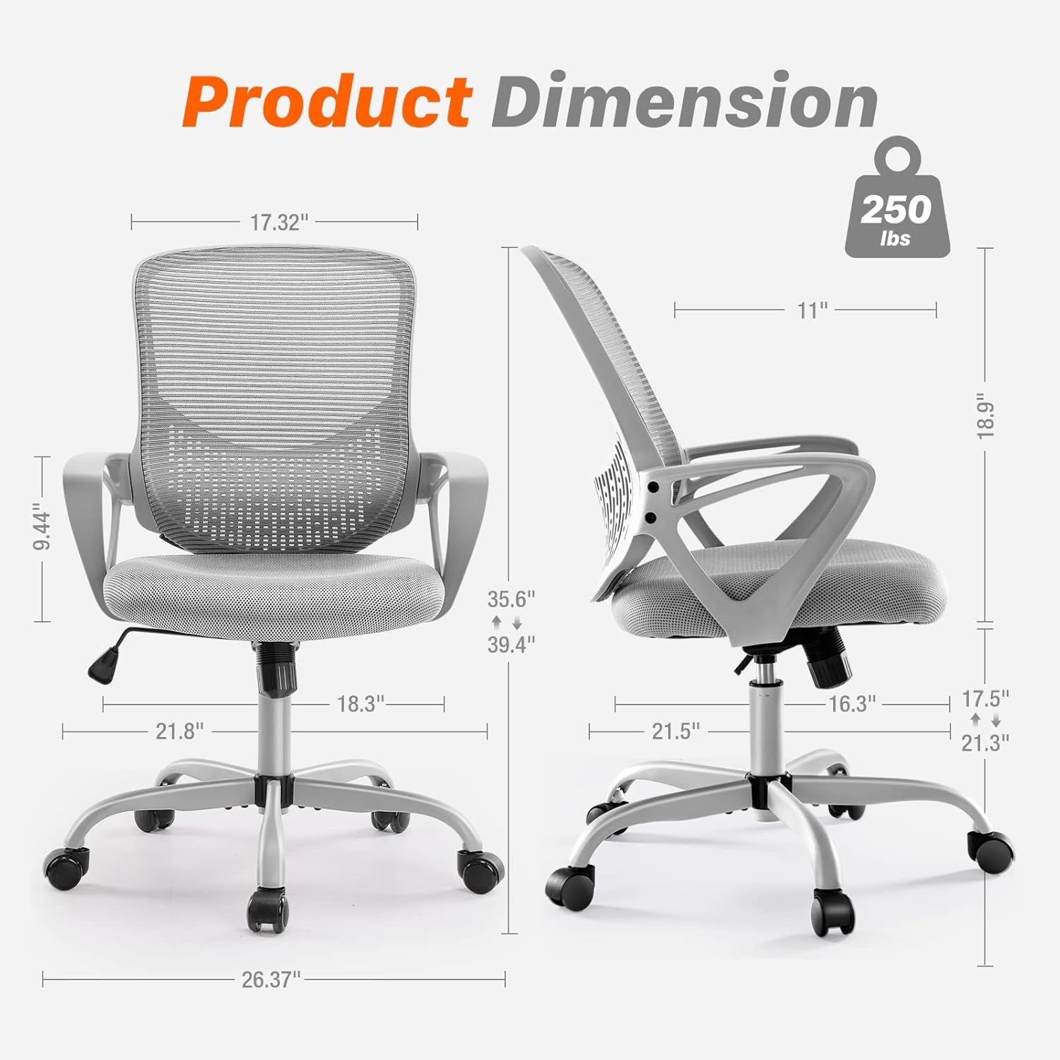 Ergonomic Home Desk Adjustable Armless Computer Lumbar Support, Small Mesh Task Chair with Backrest Swivel Rolling for Study, Office, Conference Room, 17.71D X 18.89W X 39.1H In, Grey