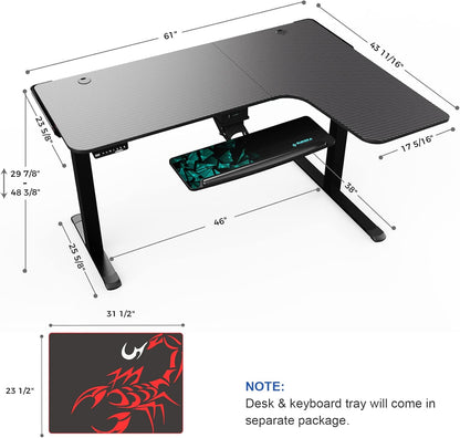 61" L Shape Dual Motor Electric Height Adjustable Standing Desk with Keyboard Tray, Sit Stand up Home Office Corner Rising Computer Gaming Table W Memory Preset Large Mousepad, Right