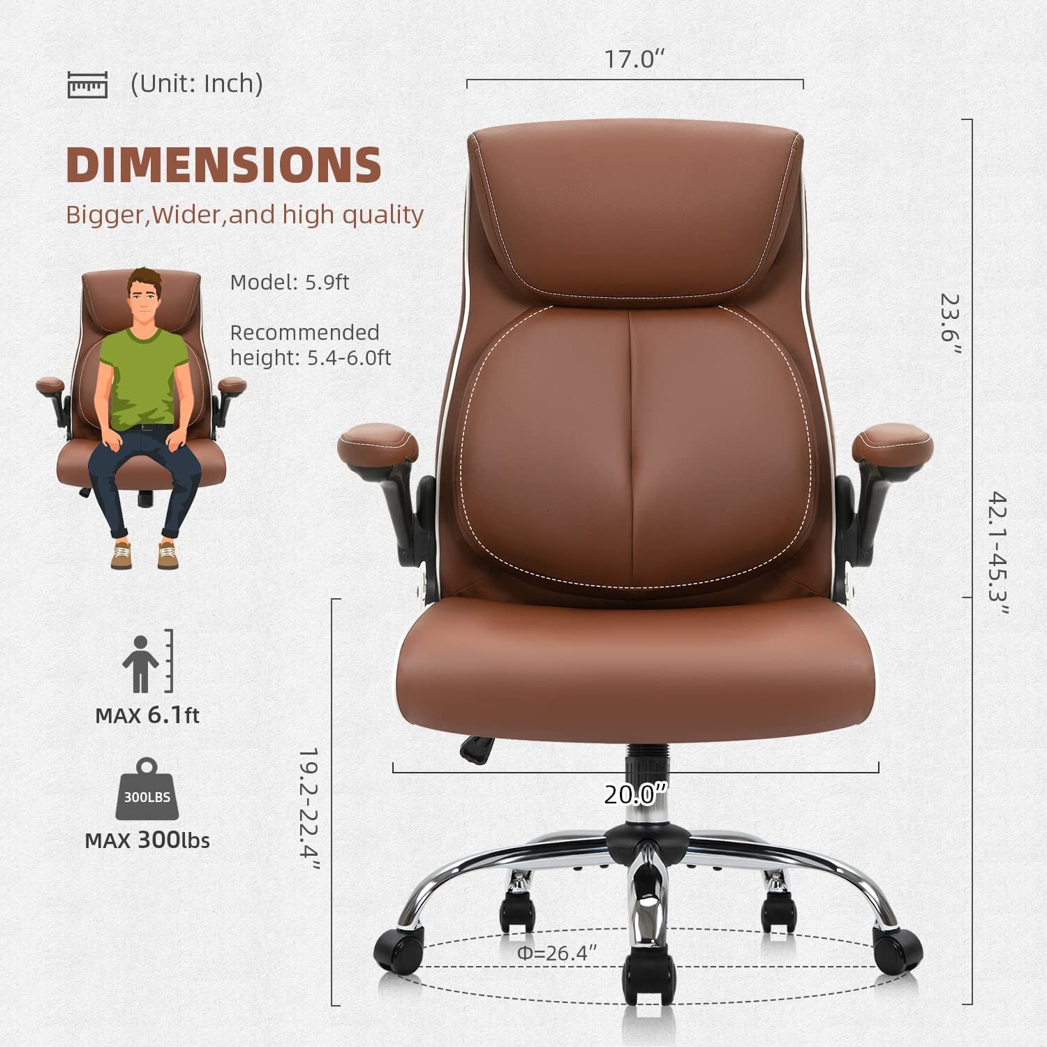 Ergonomic Office Chair High Back Comfortable Desk Chairs with Wheels and Flip-Up Arms Leather Computer Lumbar Support,Brown… 20.5D X 19.5W X 45.3H In