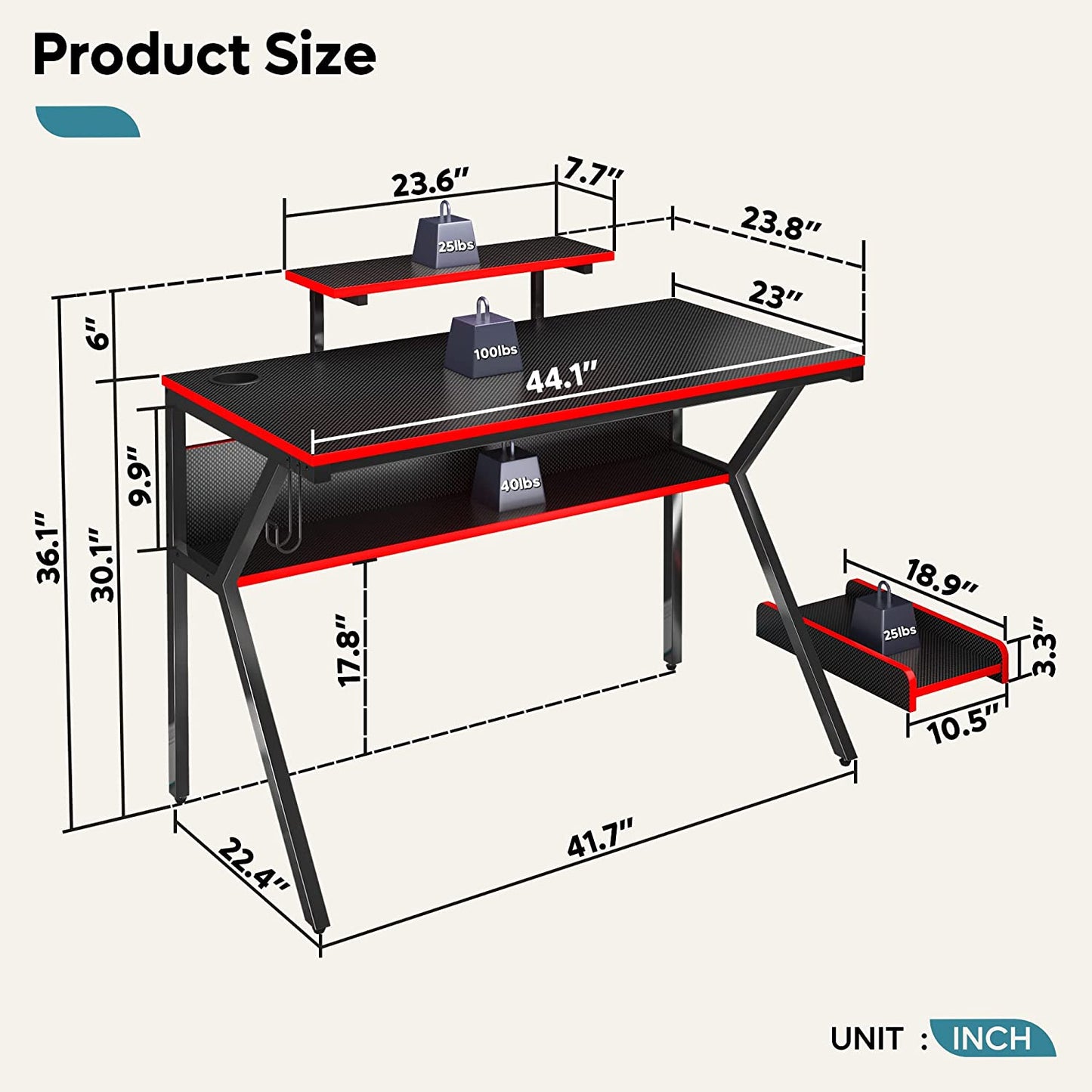 44" K-Shaped Gaming Desk with Led Light CPU Stand Carbon Fiber RGB Computer Desk with Bookshelf Student PC Writing Study Table for Home Office Sturdy, Black/Red