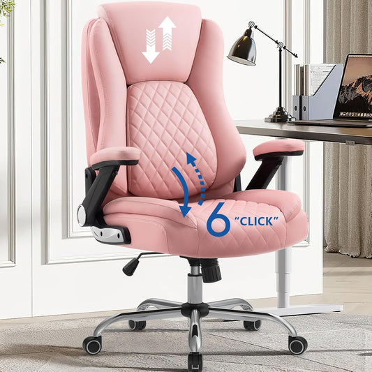 Executive Office Chairs Comfortable Ergonomic Desk Chair with Flip-Up Armrests - Adjustable Headrest, Tilt and Lumbar Support - Black Bonded Leather,Pink