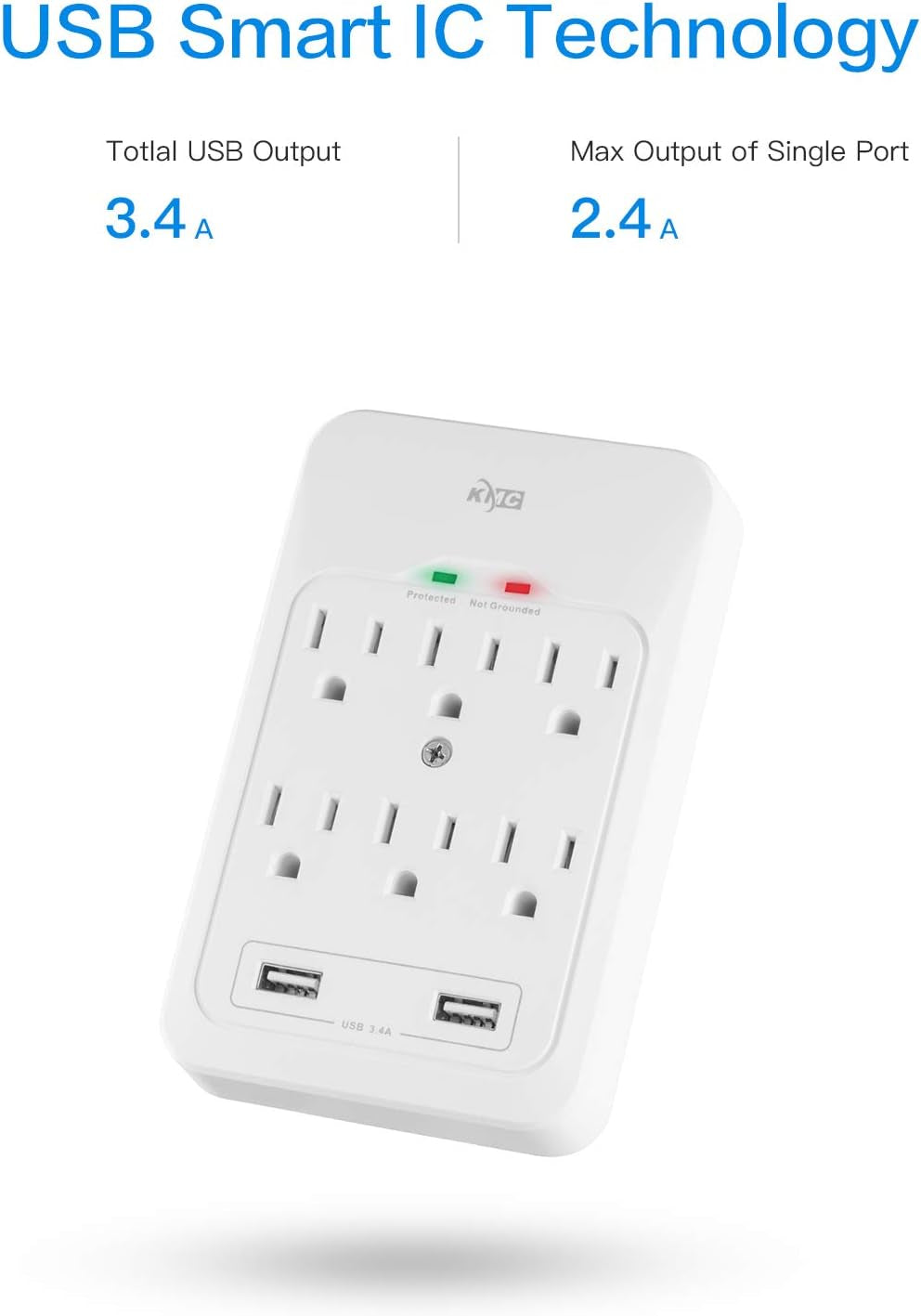 6-Outlet Surge Tap, 2 USB Ports (3.4A), 980 Joules Surge Protector, White