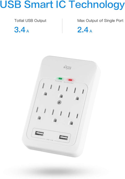 6-Outlet Surge Tap, 2 USB Ports (3.4A), 980 Joules Surge Protector, White