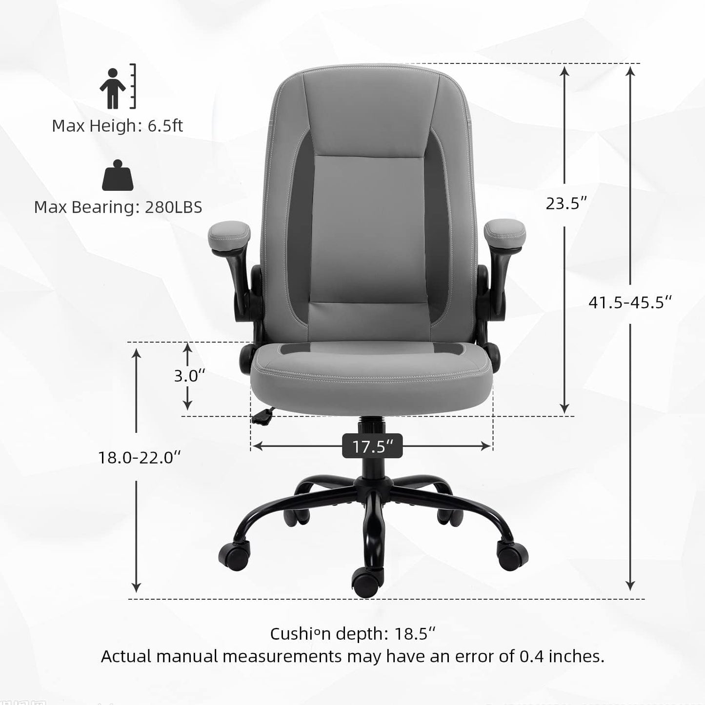 High Back Computer Office Desk Chair with Flip up Arms and Wheels Leather Swivel Comfy Modern Chair for Teens Adults, Gray