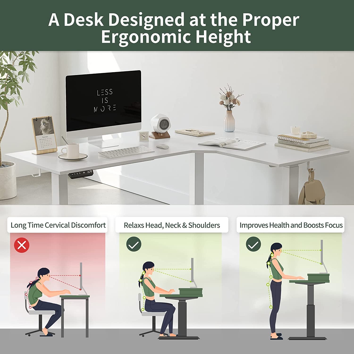 Triple Motor L-Shaped Electric Standing Desk, 63 Inches Height Adjustable Stand up Corner Desk, Sit Stand Workstation with Splice Board, White Frame/White Top