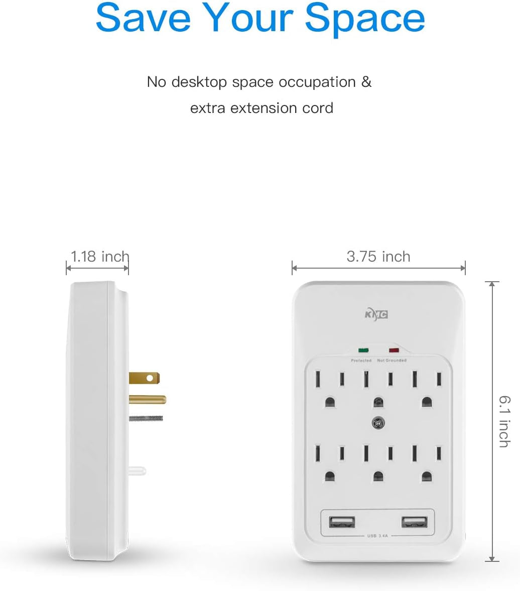 6-Outlet Surge Tap, 2 USB Ports (3.4A), 980 Joules Surge Protector, White