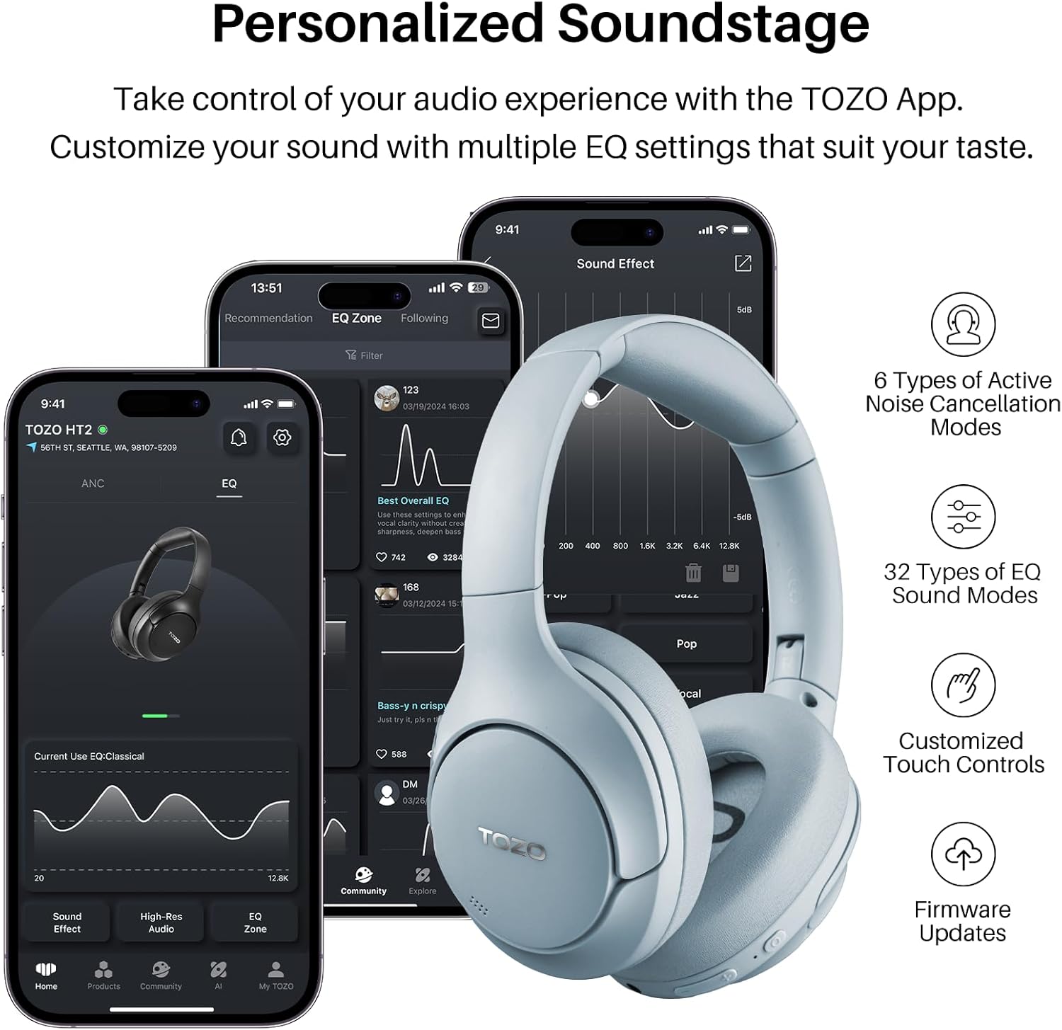 HT2 Hybrid Active Noise Cancelling Headphones, Wireless over Ear Bluetooth Headphones, 60H Playtime, Hi-Res Audio Custom EQ via App Deep Bass Comfort Fit Ear Cups, for Home Office Travel Blue