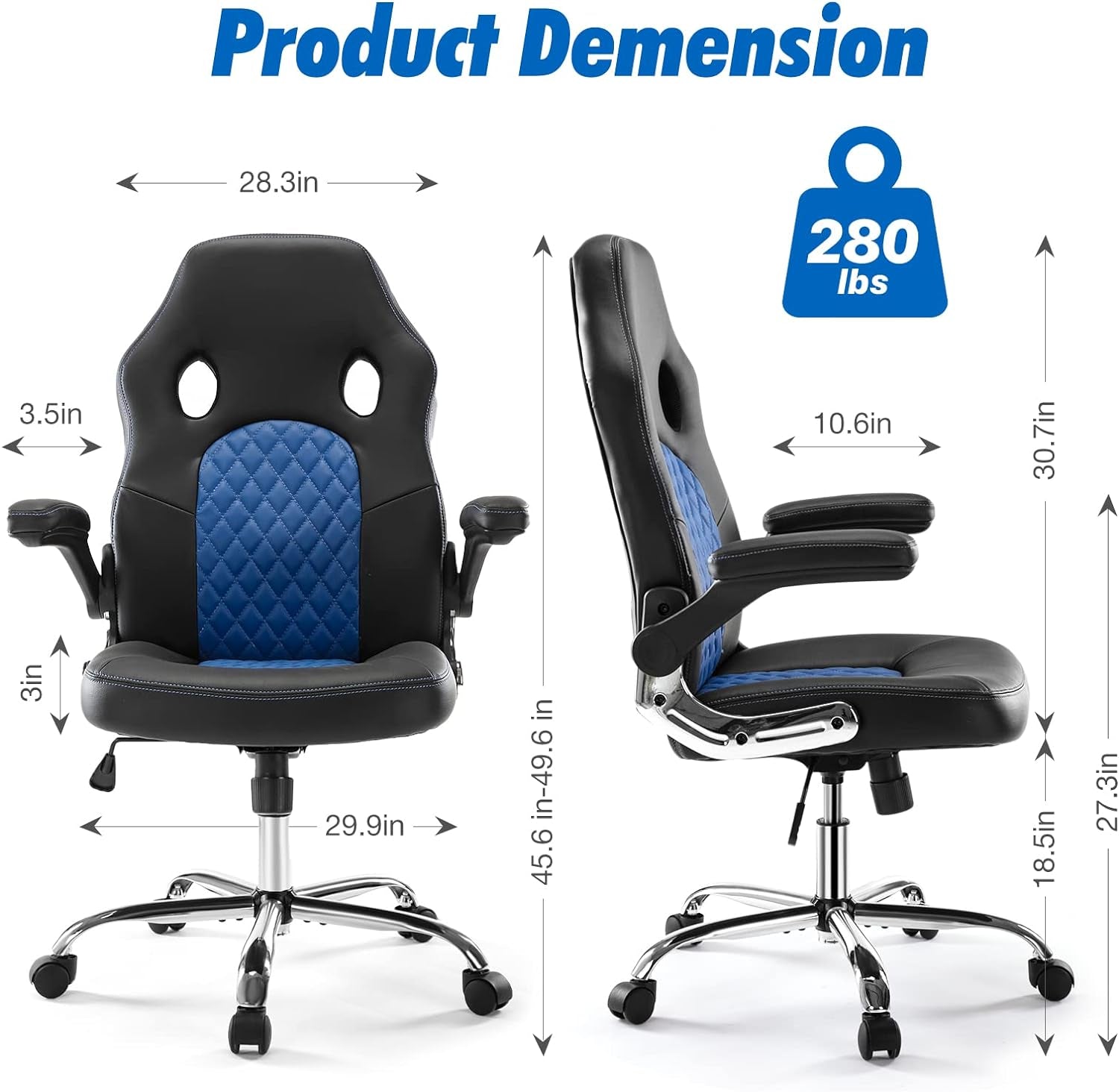 Gaming Ergonomic Office Desk Flip-Up Armrests and Lumbar Support PU Leather Executive Mid Back Computer Chair for Adults, Blue