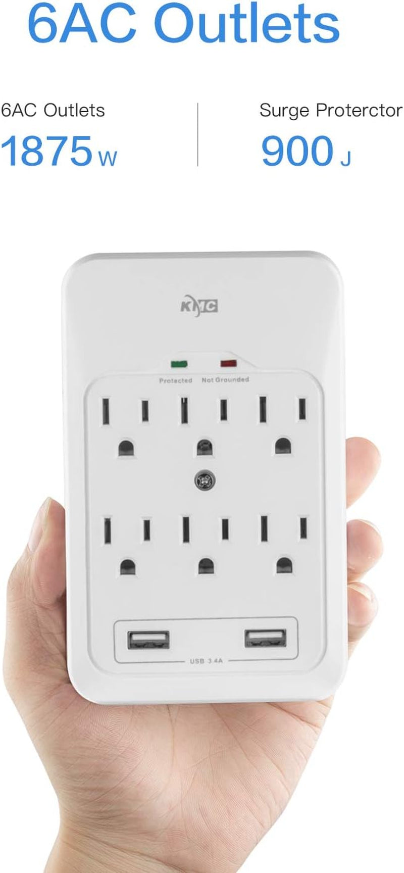 6-Outlet Surge Tap, 2 USB Ports (3.4A), 980 Joules Surge Protector, White