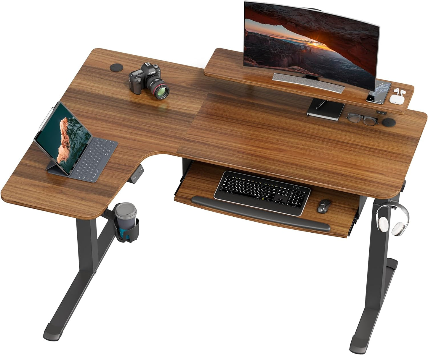 Standing Desk with Keyboard Tray, Computer Desk, 61" L Shaped Electric Adjustable Height Desk W Monitor Stand LED, Corner Sit Stand Desk Gaming Desk, Dual Motor,Left/Rustic Brown