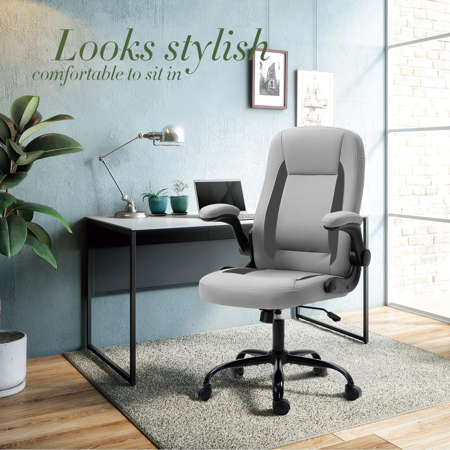 High Back Computer Office Desk Chair with Flip up Arms and Wheels Leather Swivel Comfy Modern Chair for Teens Adults, Gray