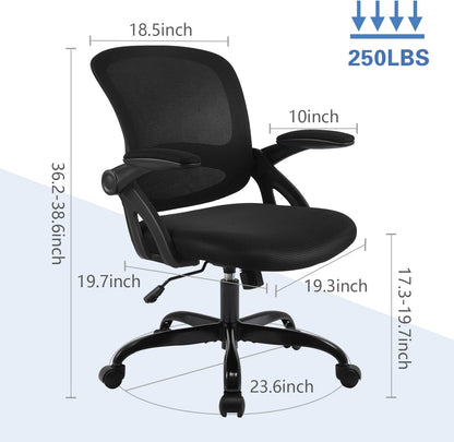 Office Chair, Ergonomic Desk Chair, Breathable Mesh Computer Chair Swivel Home Desk Gaming Chair with Wheels and Flip-Up Armrests, Adjustable Height for Conference Room (Black)